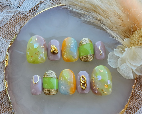 オーダーネイルチップ　ニュアンス夏ネイルワンホン推しネイルシェルネイルno.72 オーダーネイルチップ ニュアンス夏ネイルワンホン推しネイル