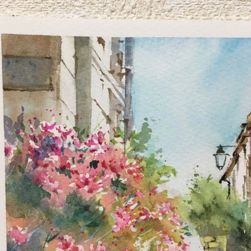 134）原画 南フランスの小さな村 水彩画 風景画 絵画 マグリット
