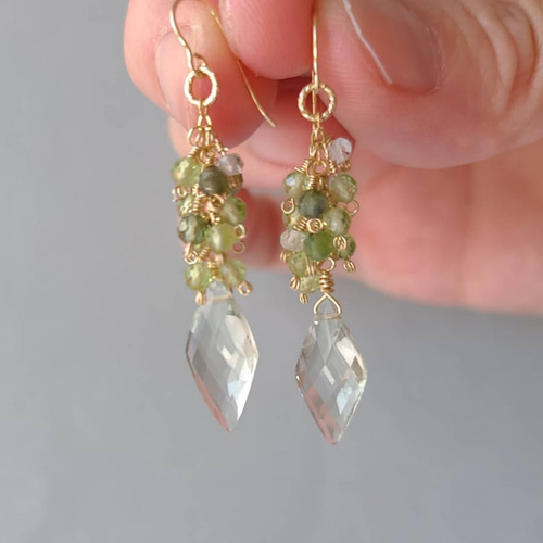 14kgf 天然石 ビアクォーツ グリーンアメジスト ピアス イヤリング 天然石 14kgf グリーンアメジストと小粒天然石のピアス