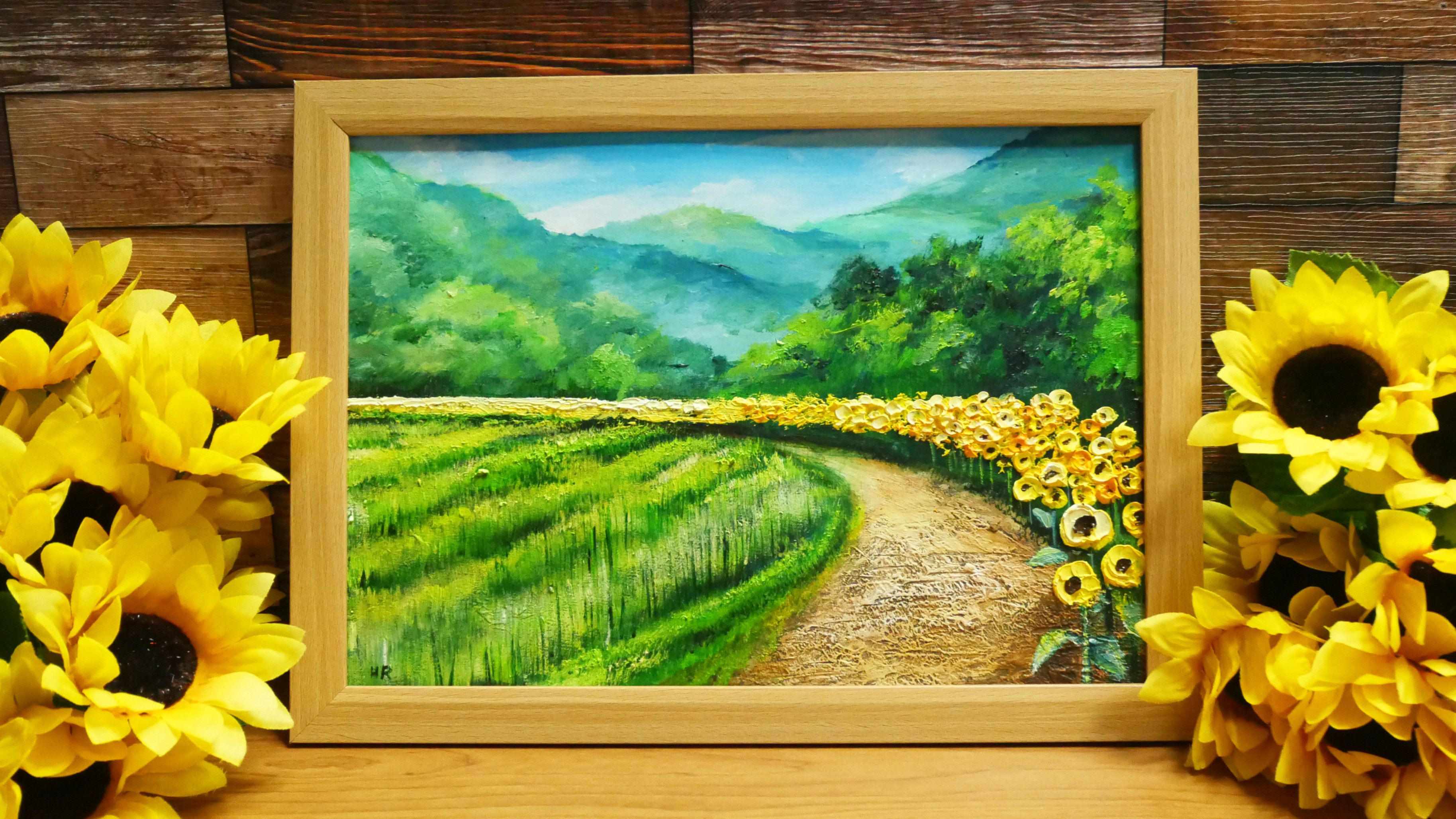 素晴らしい外見 油絵 絵画 【田んぼのひまわり道】 絵画 HR 通販 16365738 絵画