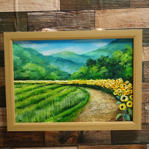 油絵 絵画 【田んぼのひまわり道】 絵画 HR 通販 16365738