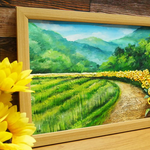油絵 絵画 【田んぼのひまわり道】 絵画 HR 通販 16365738｜Creema
