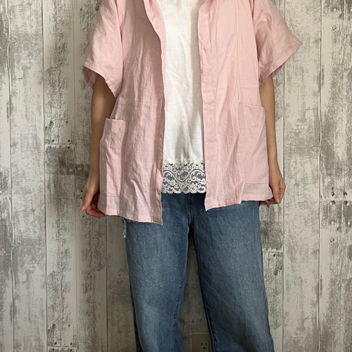 日焼け防止やわらかcottonリネン桜ピンクフード付ドルマン半袖