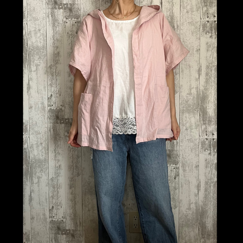 日焼け防止やわらかcottonリネン桜ピンクフード付ドルマン半袖