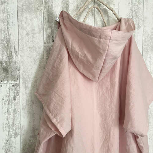 日焼け防止やわらかcottonリネン桜ピンクフード付ドルマン半袖