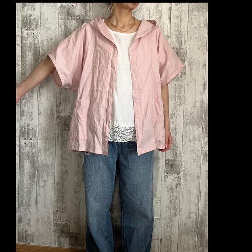 日焼け防止やわらかcottonリネン桜ピンクフード付ドルマン半袖