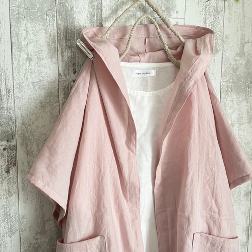 日焼け防止やわらかcottonリネン桜ピンクフード付ドルマン半袖