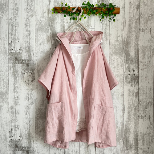 日焼け防止やわらかcottonリネン桜ピンクフード付ドルマン半袖