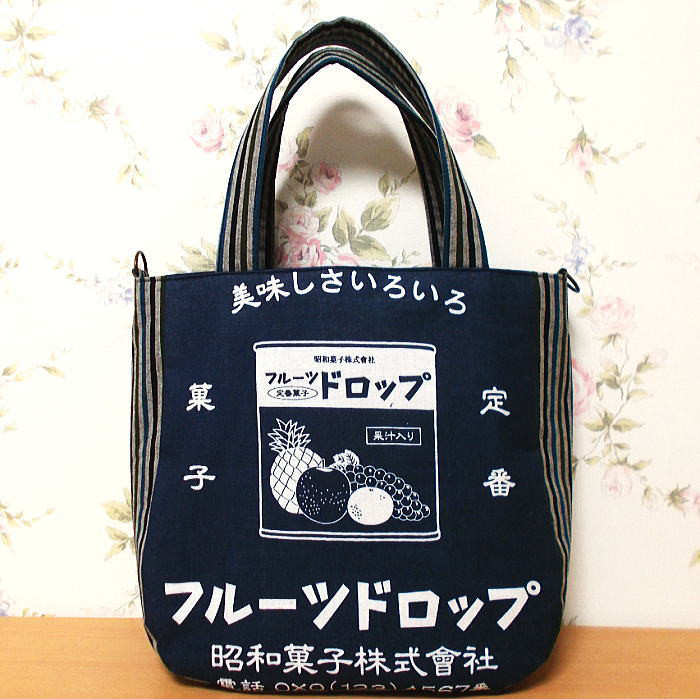 和柄丸みトートバッグ 昭和レトロ フルーツドロップ手提げバッグ