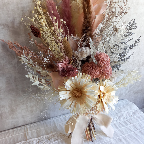 再販×3』くすみピンクとグレーのスワッグ✿ブーケ プリザーブド