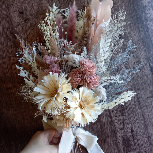 再販×3』くすみピンクとグレーのスワッグ✿ブーケ プリザーブド