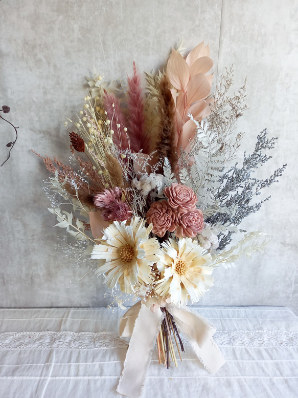 くすみピンク＆グレーのスワッグ（ブーケ）Lふっくらタイプ・再販多数