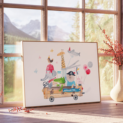 キッズ 可愛い アニマル  木製車 Adventure time 水彩画風 / インテリアポスター / 112 2枚目の画像