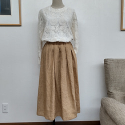 裏地付き　フレンチリネンのタックギャザースカート　ベージュ 5枚目の画像