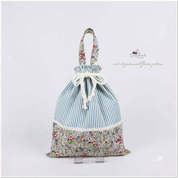 New▷ 持ち手付き巾着袋 体操服入れ お着替え袋 M 30×25 小花