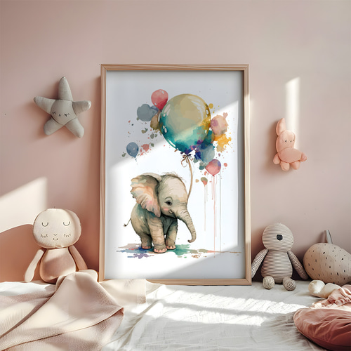 赤ちゃんのインテリア／アート 子供向けアートポスター 赤ちゃんゾウと風船 水彩画風 動物