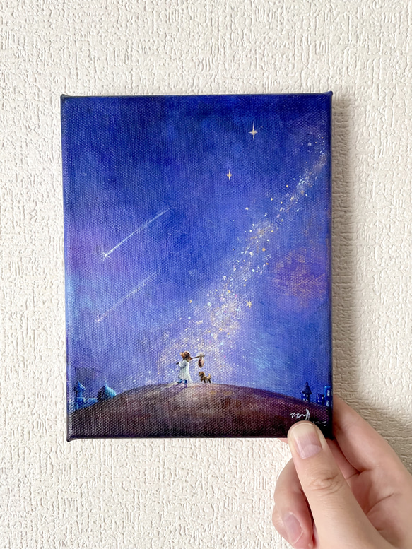 【アクリル原画】星屑の夜空を旅する少女と犬 1枚目の画像