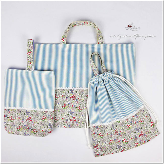New▶入園グッズ 3点 セット幼稚園 保育園【 小花 ブルー】 大きめ レッスンバッグ シューズバッグ 巾着袋 女の子
