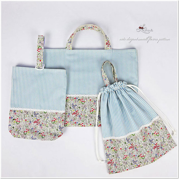 New 入園 入学 3点 セット 幼稚園 小花 ブルーレッスンバッグ 上履き