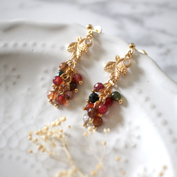 天然石〉ジェイド＆リーフの秋色Mixピアス/イヤリング ピアス