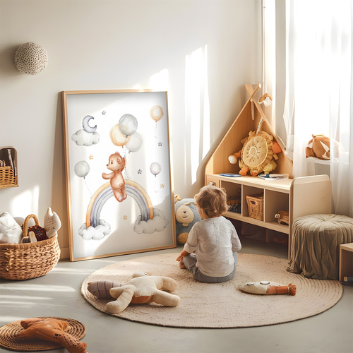 アートポスター キッズポスター 動物 くま クマ 熱気球 気球 水彩 北欧