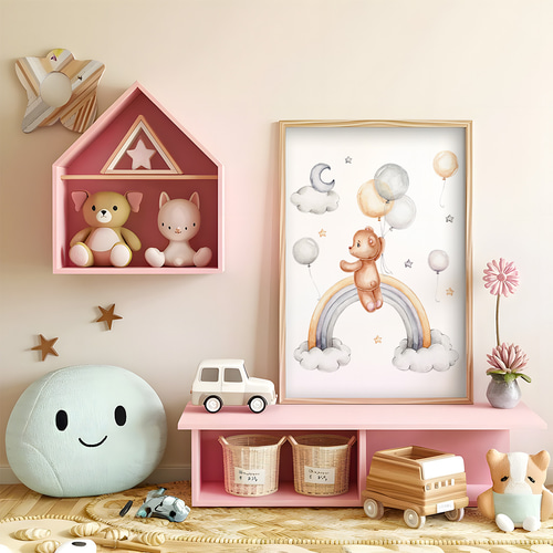 子供向けアートポスター 赤ちゃん部屋 クマ 水彩画 パステルカラー