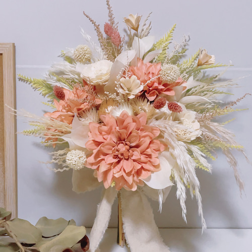 受注制作】アーティフィシャルフラワーブーケ くすみオレンジ コーラル