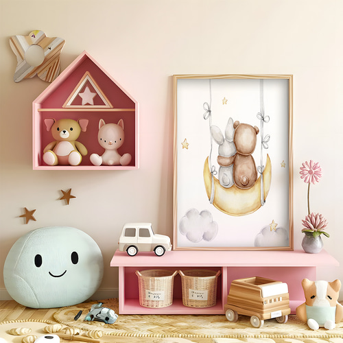 アートポスター 子供向け 動物 くま うさぎ 月 星 北欧風 パステル