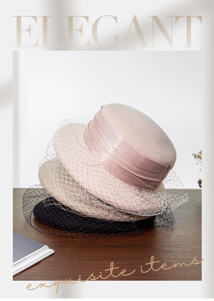 秋と冬の新しいウールフェルトハットベレー帽女性百エレガントなドームボーラーハット本物のシルク麻メッシュ装飾と