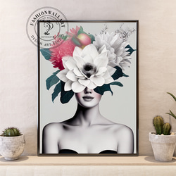 アートポスター 花と女性 フラワーヘッドポートレート 白い花 ピンクの