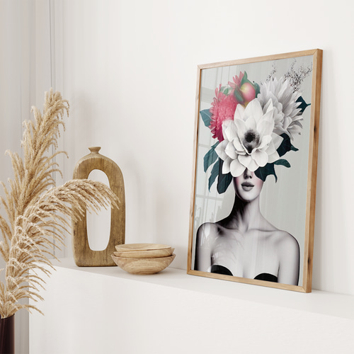 アートポスター 花と女性 フラワーヘッドポートレート 白い花 ピンクの