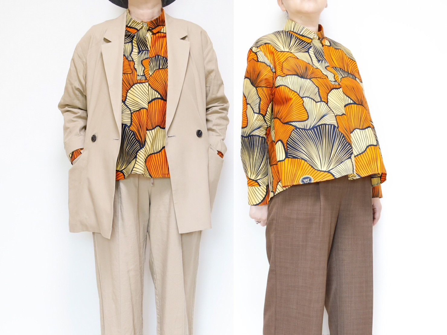 フロントタックシャツ アフリカンプリント  きちんと見えのリラックスシルエット ベージュ系ワントーンコーデに！