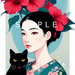 書　墨絵　A4サイズ　タイトル『猫と花』              紗々 猫と花(新浮世絵画)A4 №s-1997 イラスト shizennokaze 通販