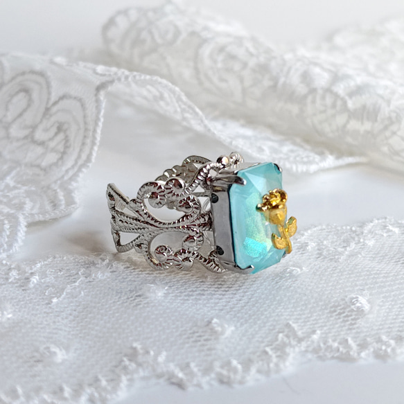 大水晶玻璃浪漫戒指 | 淺藍、綠松石、粉彩、夢幻、可愛、玫瑰、童話 第5張的照片
