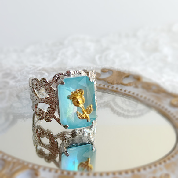大水晶玻璃浪漫戒指 | 淺藍、綠松石、粉彩、夢幻、可愛、玫瑰、童話 第2張的照片