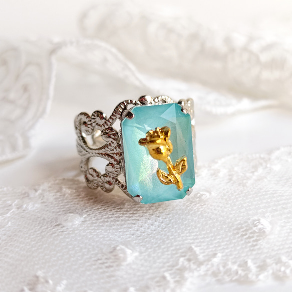 大水晶玻璃浪漫戒指 | 淺藍、綠松石、粉彩、夢幻、可愛、玫瑰、童話 第1張的照片