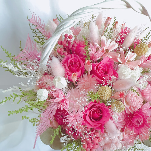 豪華 華やかな パステルピンク 花籠 ✽喜ばれる フラワーバスケット