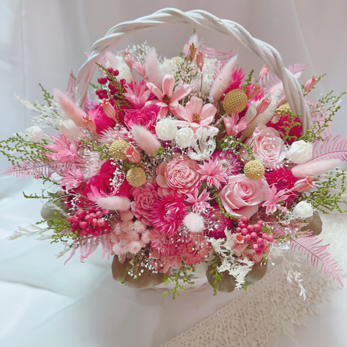 豪華 華やかな パステルピンク 花籠 ✽喜ばれる フラワーバスケット