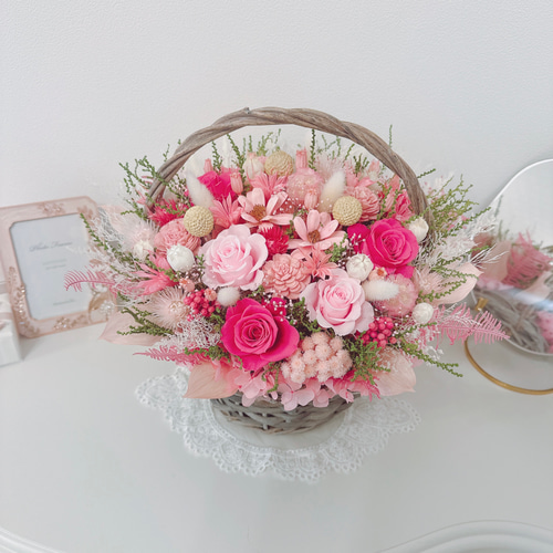 豪華 華やかな パステルピンク 花籠 ✽喜ばれる フラワー