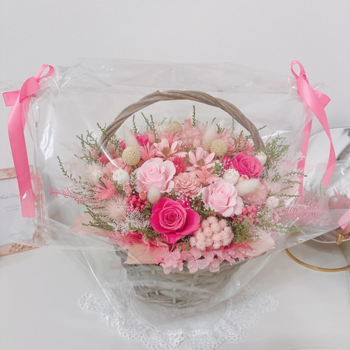 豪華 華やかな パステルピンク 花籠 ✽喜ばれる フラワーバスケット