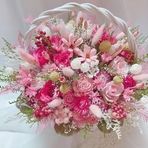 豪華 華やかな パステルピンク 花籠 ✽喜ばれる フラワーバスケット