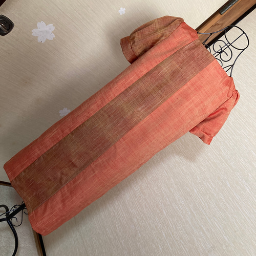 着物リメイク　紬で[VネックふんわりAラインワンピース]大人可愛いパフスリーブ 着物リメイク 紬で[VネックふんわりAラインワンピース]大人