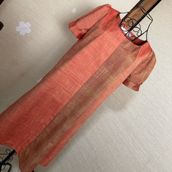 2種類の紬のお着物からリメイク　Aラインパフスリーブのワンピース 1枚目の画像