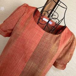 2種類の紬のお着物からリメイク　Aラインパフスリーブのワンピース 5枚目の画像