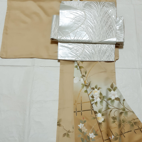 ワンタッチ帯 くらわん帯 正絹袋帯リメイク 銀糸薄文様 作り帯 和装