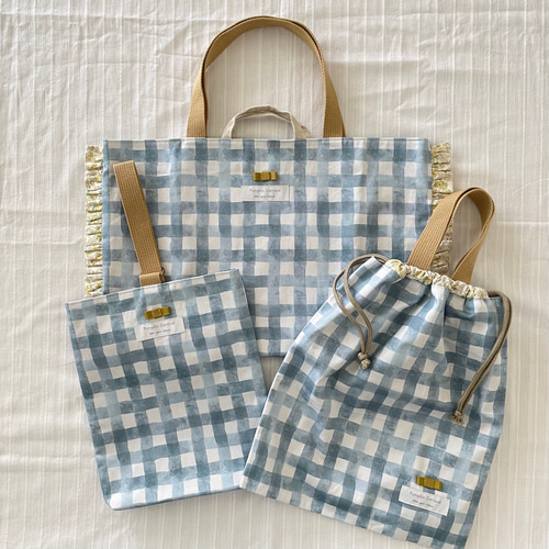 入園入学セット❤︎チェック☆花柄フリル☆リボン☆お道具箱も入る 