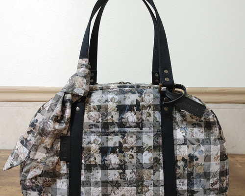 リバティ × 帆布 ボストンバッグ『アーカイブギンガム × グレージュ