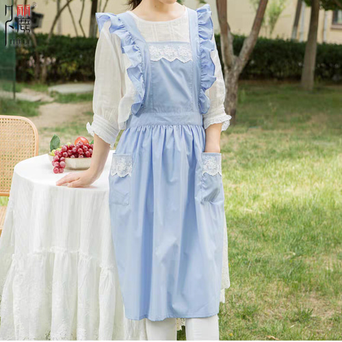 ブルー レース付き 肩フリル 綿 ブラックストラップ ポケット付き