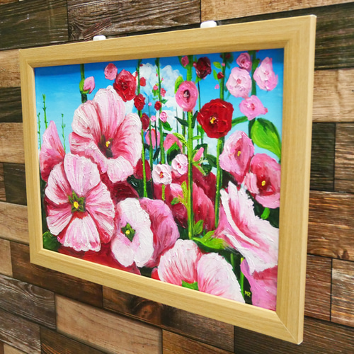 ［匿名配送］一点もの 油絵 油彩 アオイ 花 絵 ハンドメイド 油絵 絵画 【夏のタチアオイ】 絵画 HR 通販 16369970｜Creema