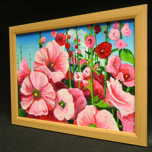 ［匿名配送］一点もの 油絵 油彩 アオイ 花 絵 ハンドメイド 匿名配送］一点もの 油絵 油彩 アオイ 花 絵 ハンドメイド